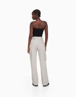 BERSHKA Pantalon straight cargo réglable Blanc Cheap