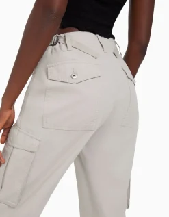 BERSHKA Pantalon straight cargo réglable Blanc Cheap