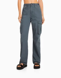 BERSHKA Pantalon straight cargo réglable Bleu Sale