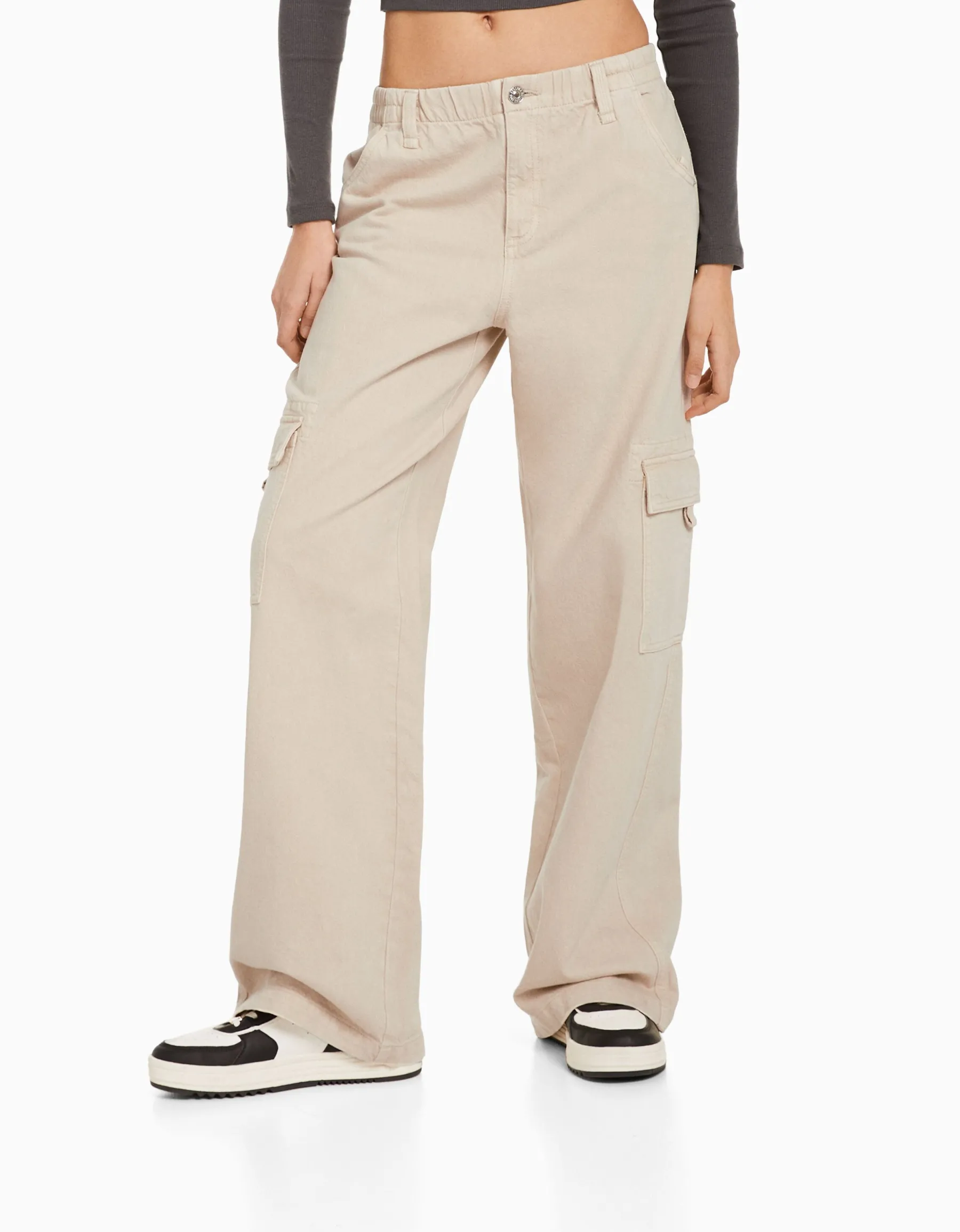 BERSHKA Pantalon straight cargo sergé taille élastique Bleu clair Best Sale