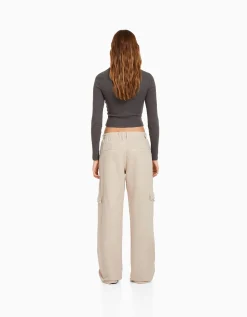 BERSHKA Pantalon straight cargo sergé taille élastique Bleu clair Best Sale