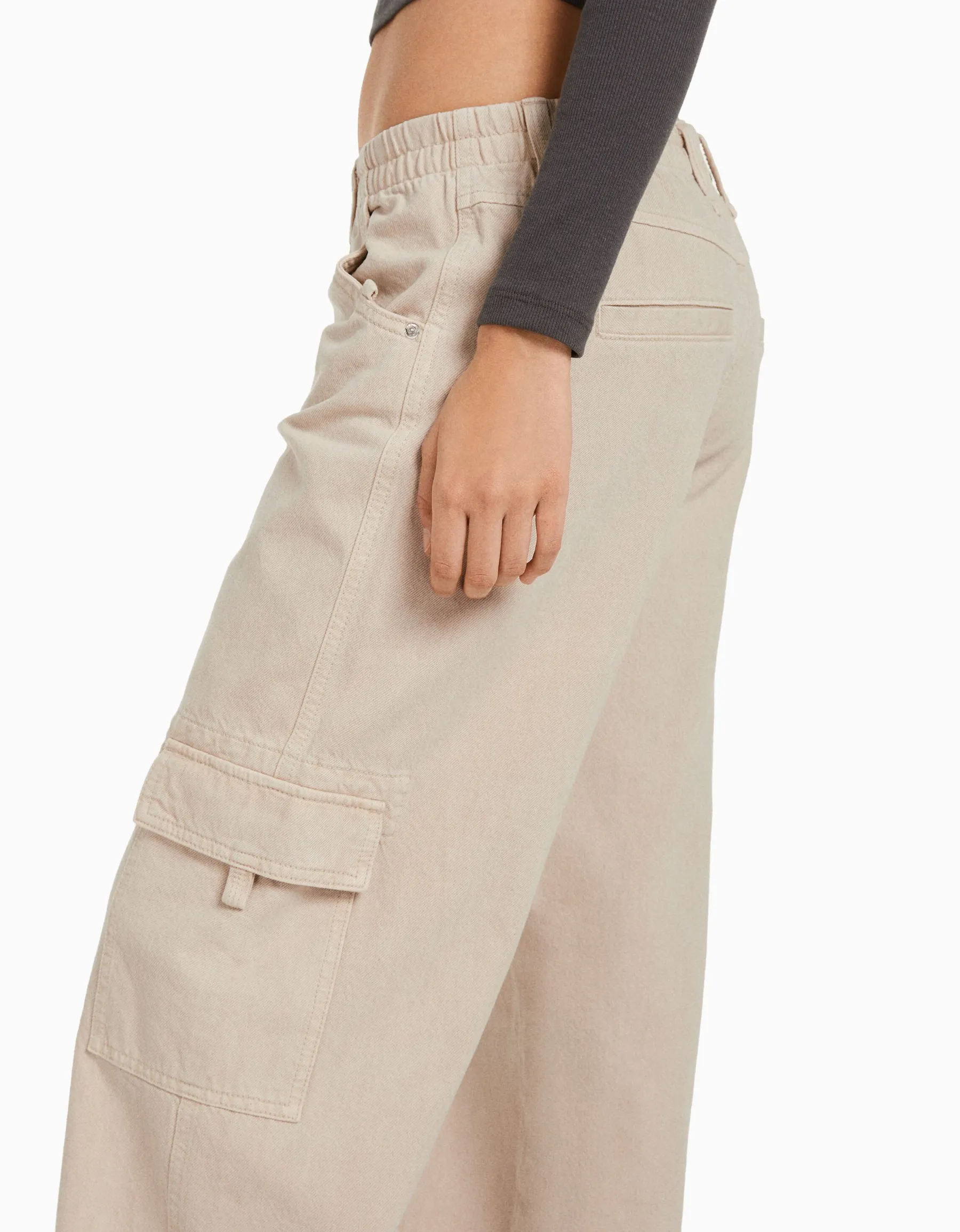 BERSHKA Pantalon straight cargo sergé taille élastique Bleu clair Best Sale