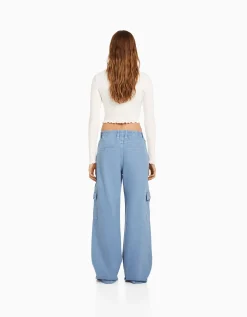BERSHKA Pantalon straight cargo sergé taille élastique Bleu clair New