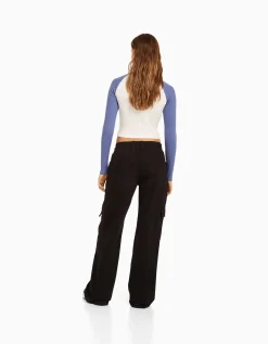 BERSHKA Pantalon straight cargo sergé taille élastique Bleu clair Sale