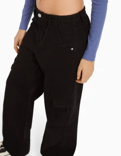 BERSHKA Pantalon straight cargo sergé taille élastique Bleu clair Sale