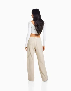 BERSHKA Pantalon straight cargo sergé taille élastique Bleu clair Sale