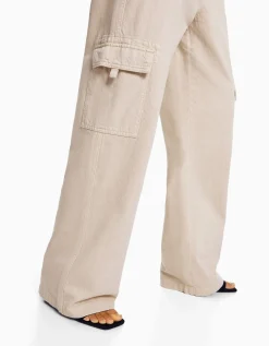 BERSHKA Pantalon straight cargo sergé taille élastique Bleu clair Sale