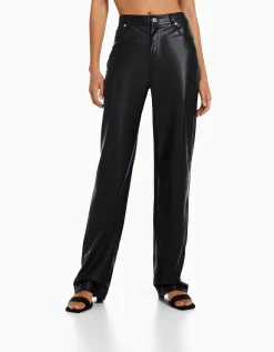 BERSHKA Pantalon straight slim similicuir Noir Shop