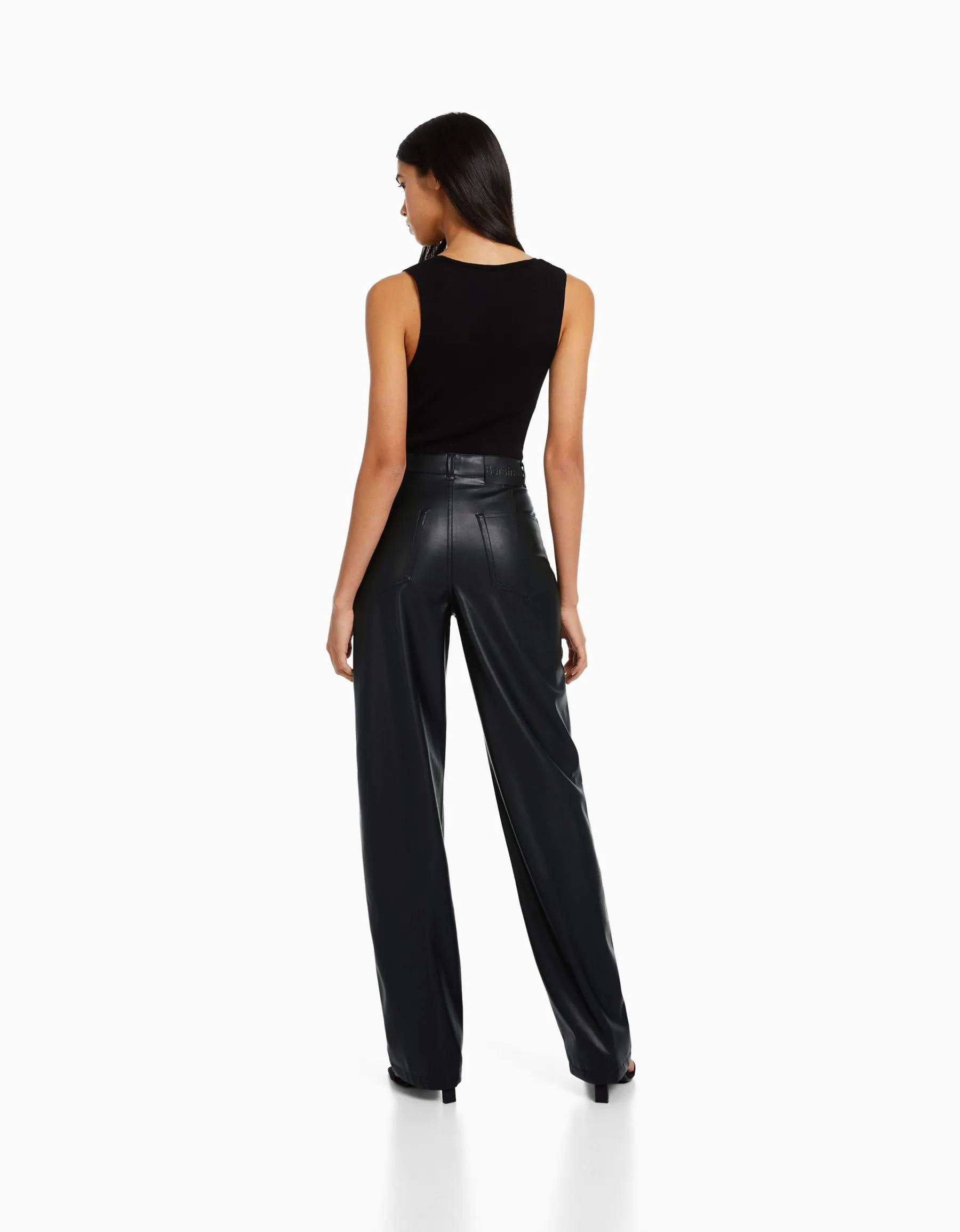BERSHKA Pantalon straight slim similicuir Noir Shop