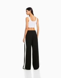 BERSHKA Pantalon tailoring wide leg bande latérale Noir New