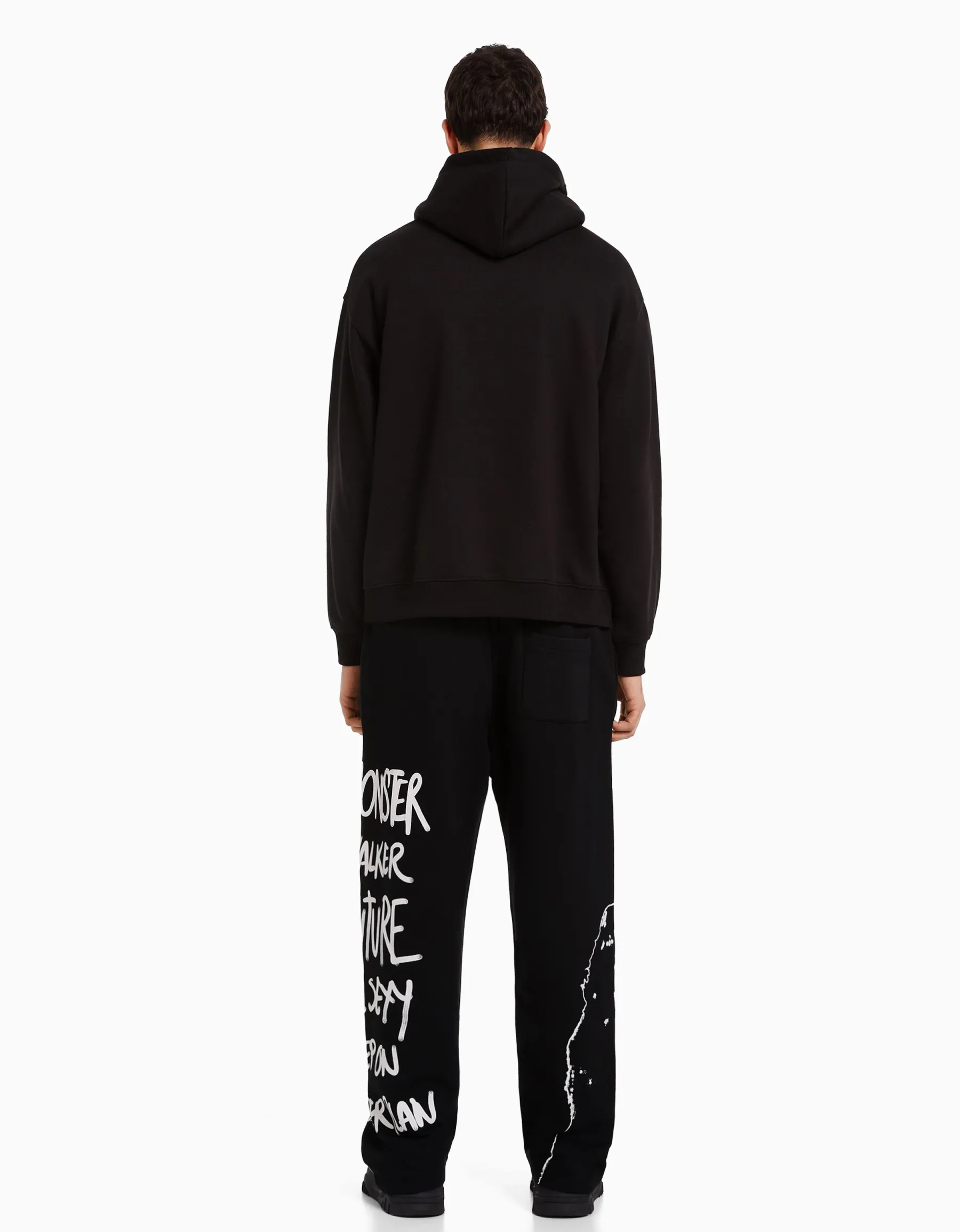 BERSHKA Pantalon wide leg molleton taille élastique imprimé Noir Cheap