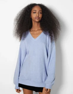 BERSHKA Pull à col en V Bleu Sale