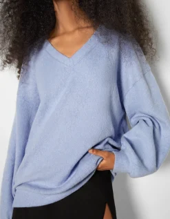 BERSHKA Pull à col en V Bleu Sale