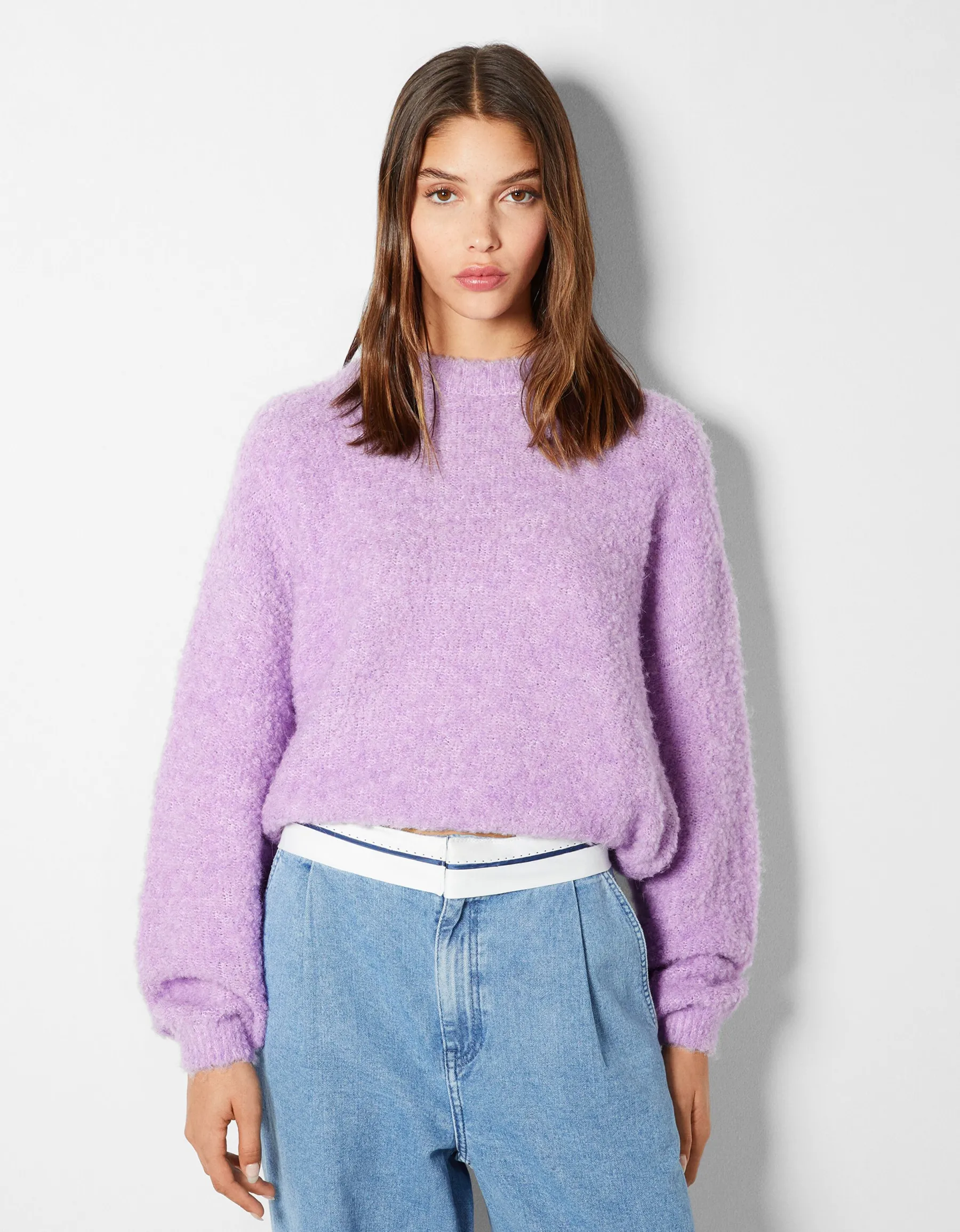 BERSHKA Pull à col rond Violet Cheap