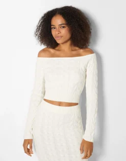 BERSHKA Pull Bardot tressé Écru Sale