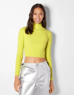 BERSHKA Pull bord-côte col roulé Noir Best