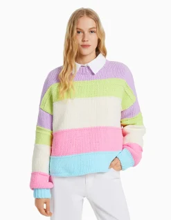 BERSHKA Pull chenille rayures multicolores Violet Discount