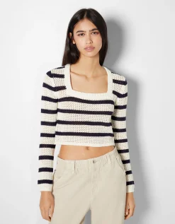 BERSHKA Pull col carré rayures Écru Hot
