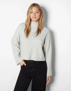 BERSHKA Pull col montant bord-côte Sable Cheap
