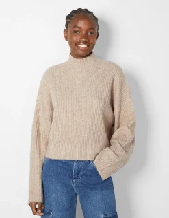 BERSHKA Pull col montant bord-côte Sable Clearance