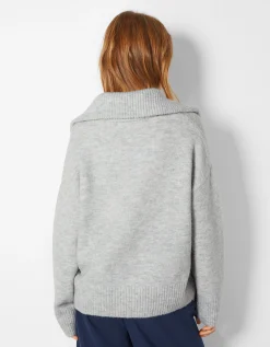 BERSHKA Pull col montant fermeture éclair Gris Cheap