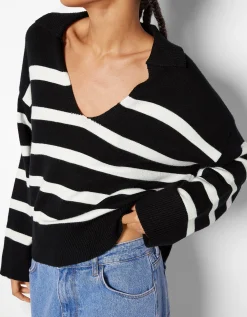 BERSHKA Pull col polo Noir Outlet