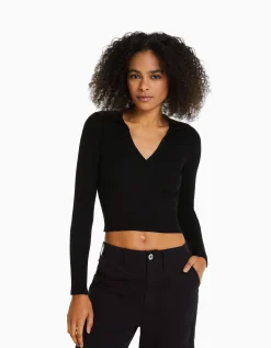 BERSHKA Pull col polo bord-côte Blanc Shop
