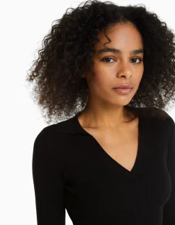BERSHKA Pull col polo bord-côte Blanc Shop