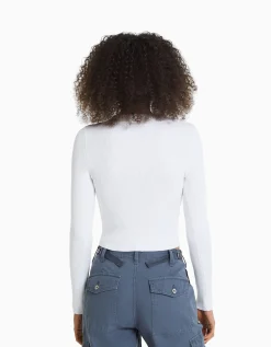 BERSHKA Pull col polo bord-côte Blanc Best