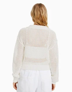 BERSHKA Pull col polo filet Écru Outlet