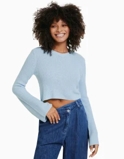 BERSHKA Pull col rond Bleu New