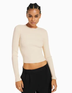 BERSHKA Pull col rond Écru Discount