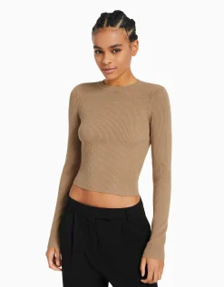 BERSHKA Pull col rond Écru Best