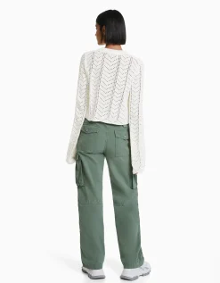 BERSHKA Pull col rond ajouré Jaune Cheap