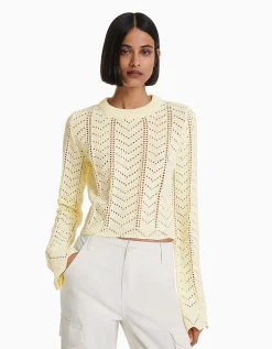 BERSHKA Pull col rond ajouré Jaune Fashion