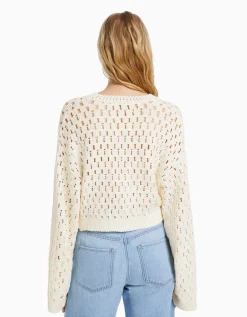 BERSHKA Pull col rond rustique ajours Écru Hot