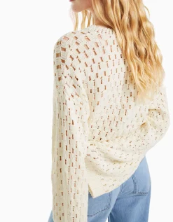 BERSHKA Pull col rond rustique ajours Écru Hot