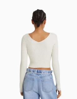 BERSHKA Pull col V bord-côte Orange Outlet