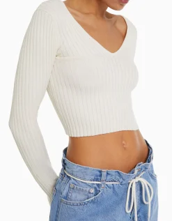 BERSHKA Pull col V bord-côte Écru Store
