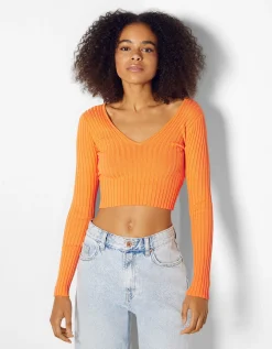 BERSHKA Pull col V bord-côte Orange Discount