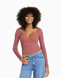 BERSHKA Pull corset maille côtelée Écru Cheap