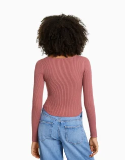 BERSHKA Pull corset maille côtelée Écru Cheap