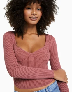 BERSHKA Pull corset maille côtelée Écru Cheap
