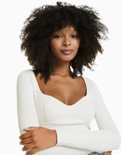 BERSHKA Pull corset maille côtelée Écru Store