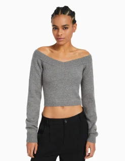 BERSHKA Pull court col en V Gris Discount