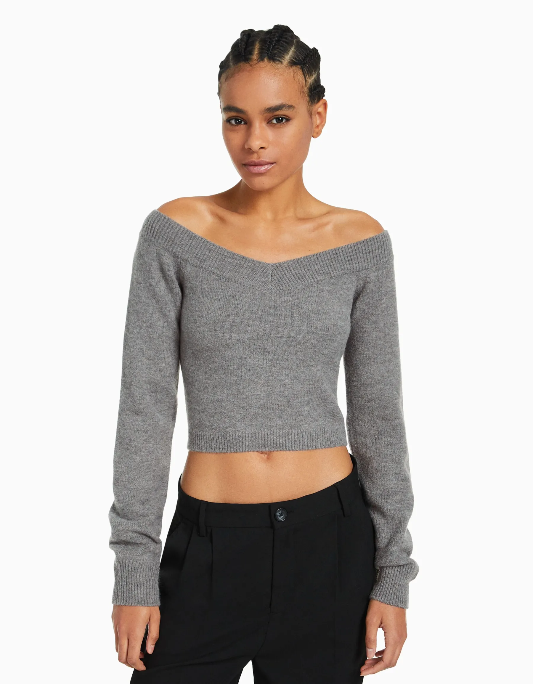 BERSHKA Pull court col en V Gris Discount