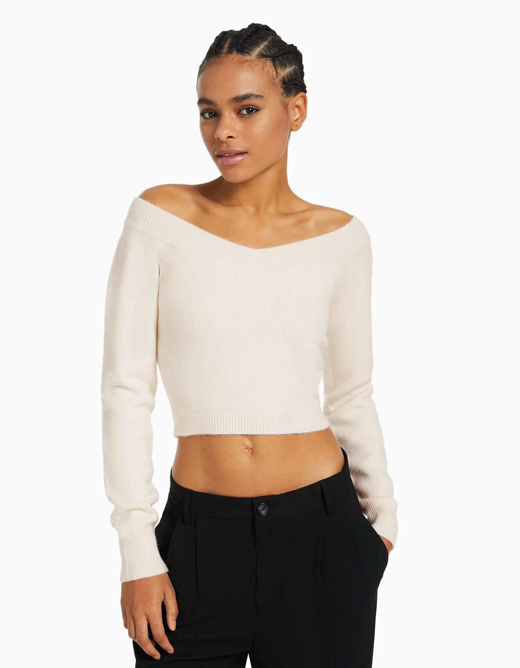 BERSHKA Pull court col en V Gris New