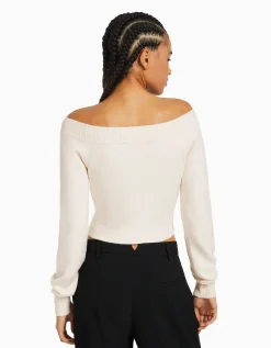 BERSHKA Pull court col en V Gris New