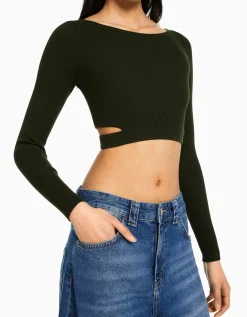 BERSHKA Pull cut out bord-côte Kaki Hot