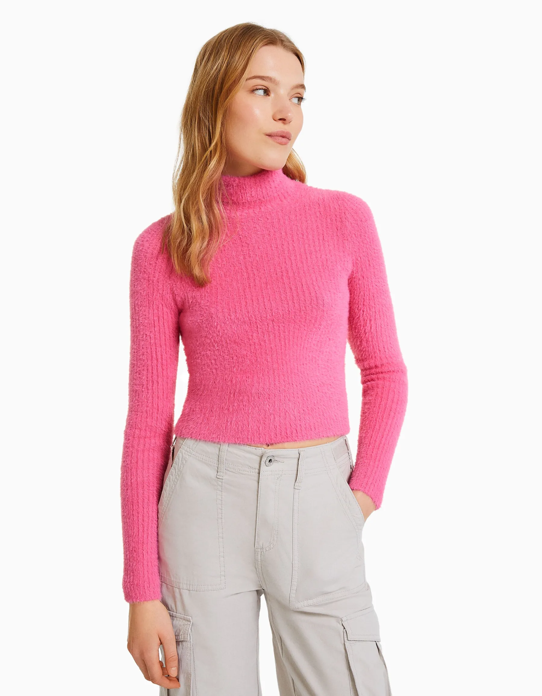 BERSHKA Pull fausse fourrure col roulé Blanc Clearance
